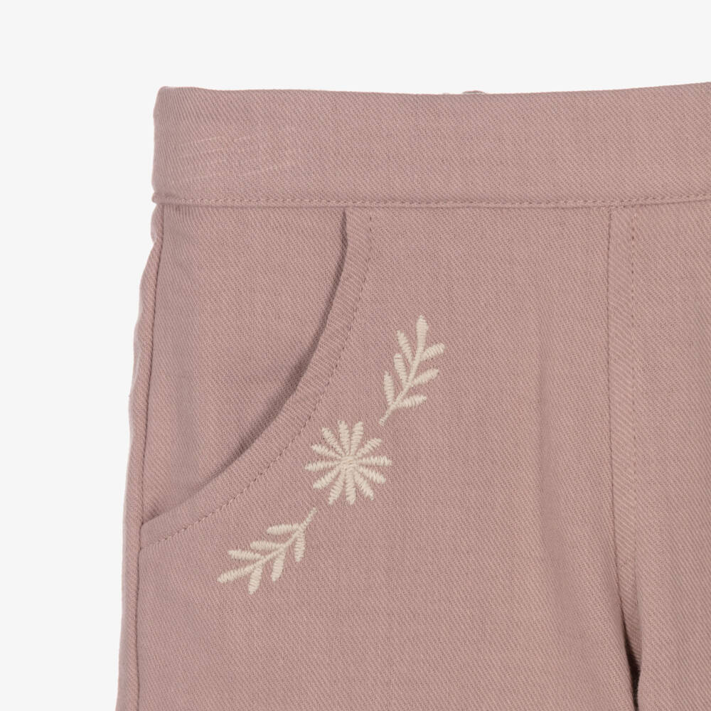 Laranjinha-Girls Dusky Pink Twill Trousers with Embroidered Details | Childrensalon