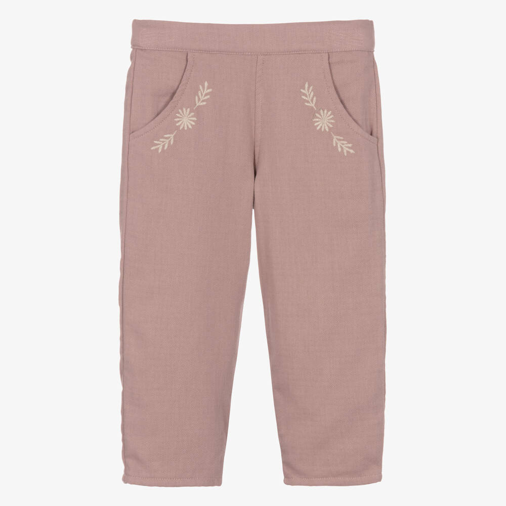 Laranjinha-Girls Dusky Pink Twill Trousers with Embroidered Details | Childrensalon