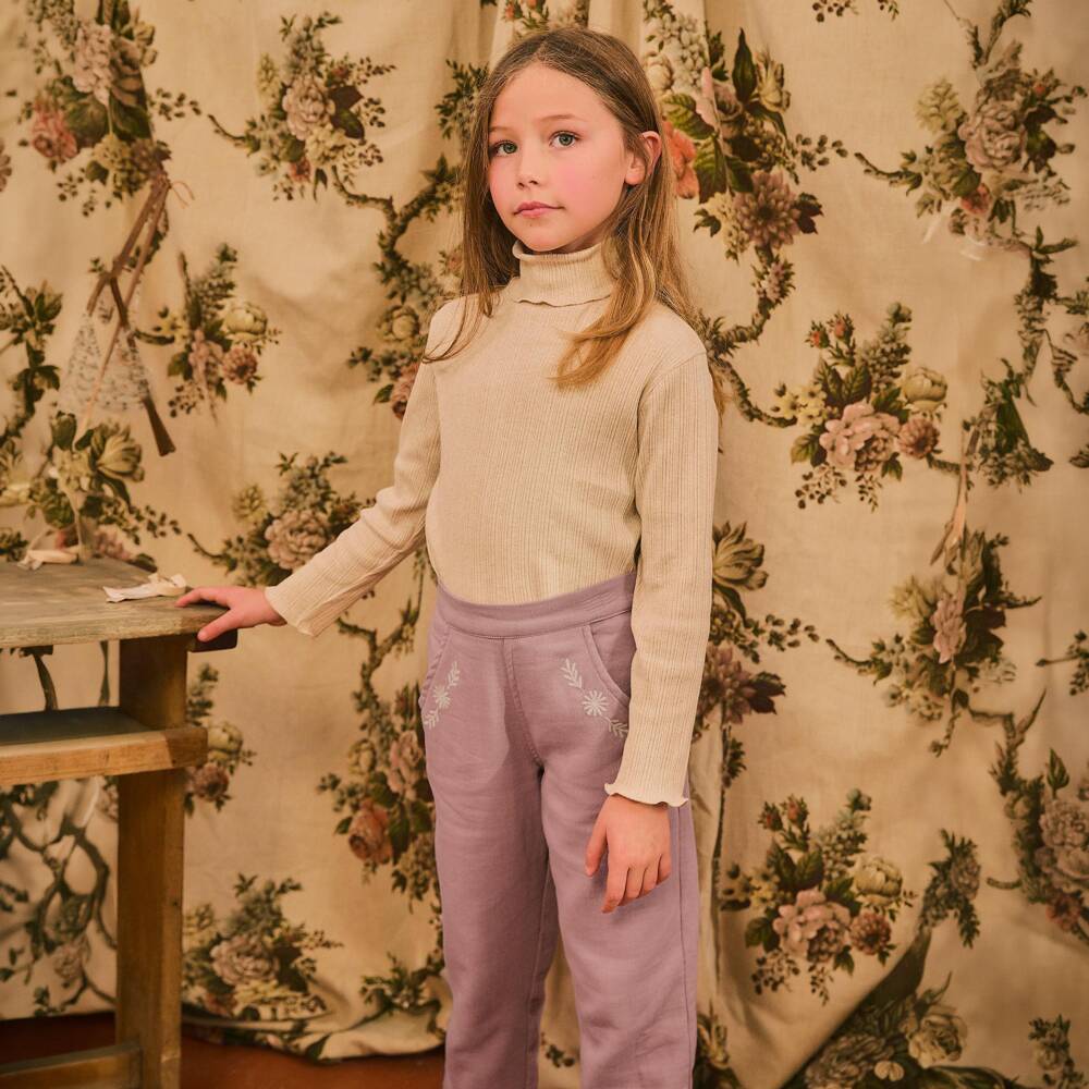 Laranjinha-Girls Dusky Pink Twill Trousers with Embroidered Details | Childrensalon