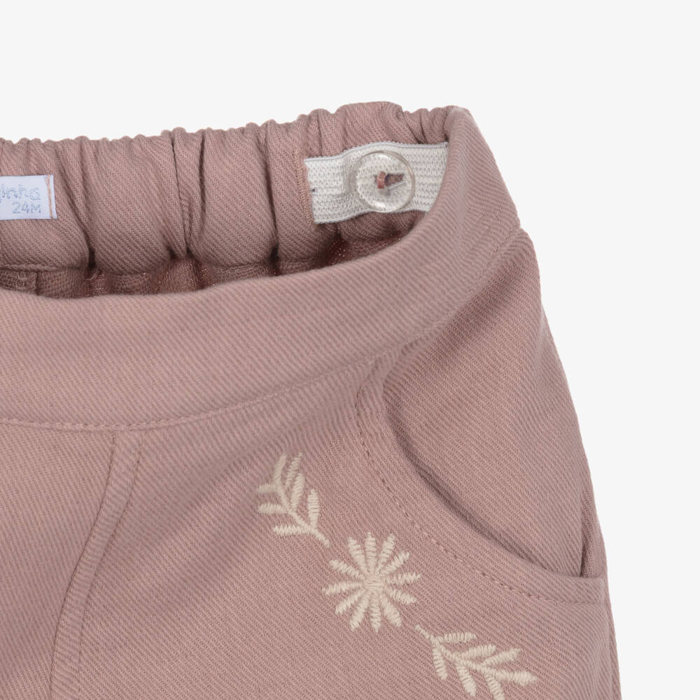 Laranjinha-Girls Dusky Pink Twill Trousers with Embroidered Details | Childrensalon