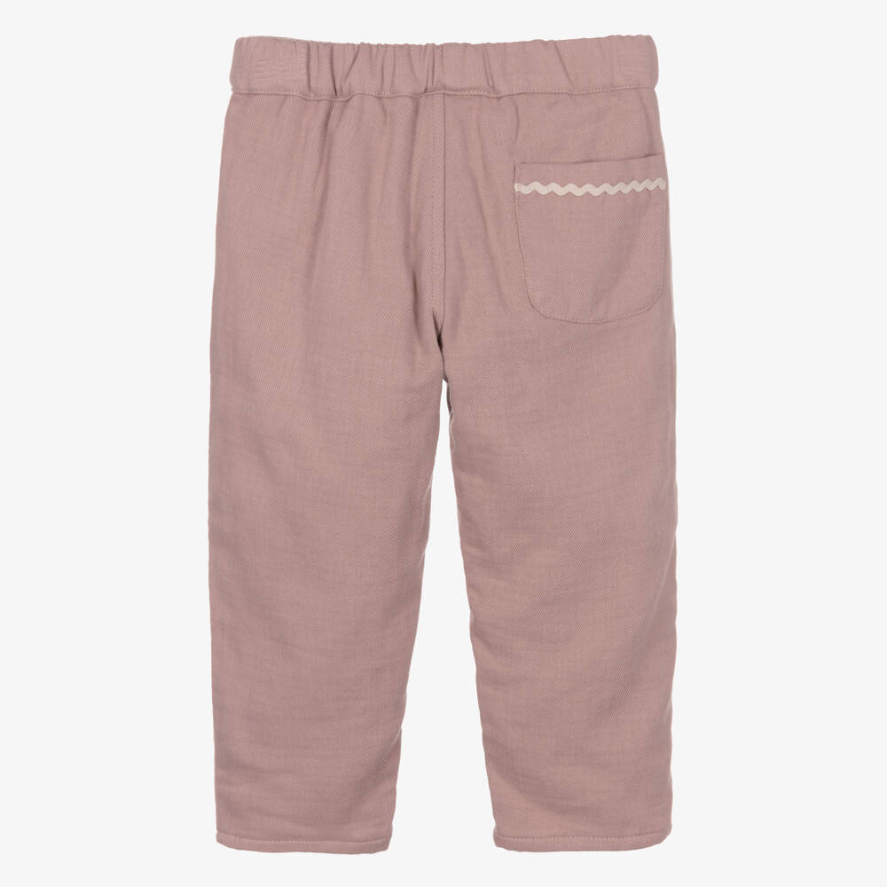 Laranjinha-Girls Dusky Pink Twill Trousers with Embroidered Details | Childrensalon
