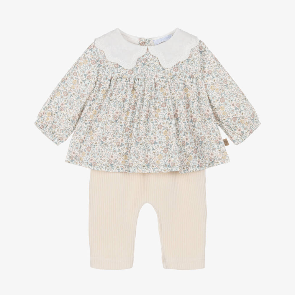 Laranjinha-Girls Floral Blouse & Corduroy Trouser Set | Childrensalon