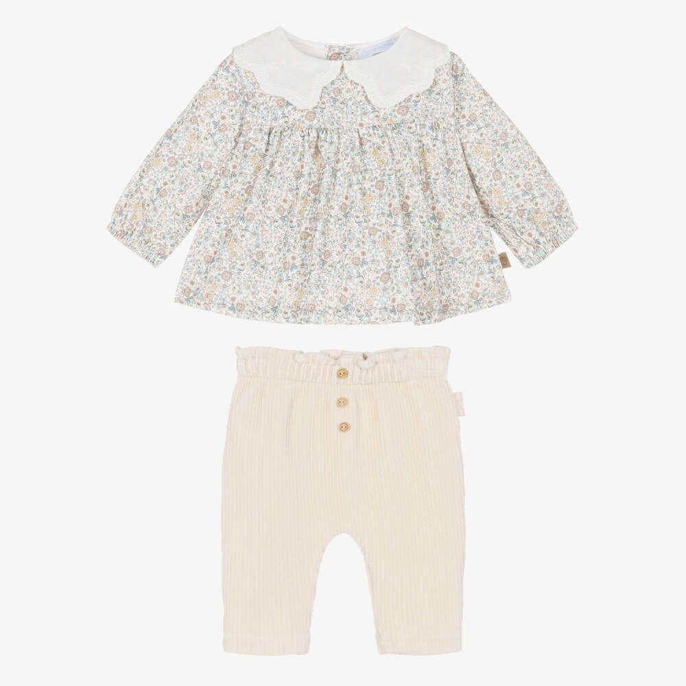 Laranjinha-Girls Floral Blouse & Corduroy Trouser Set | Childrensalon