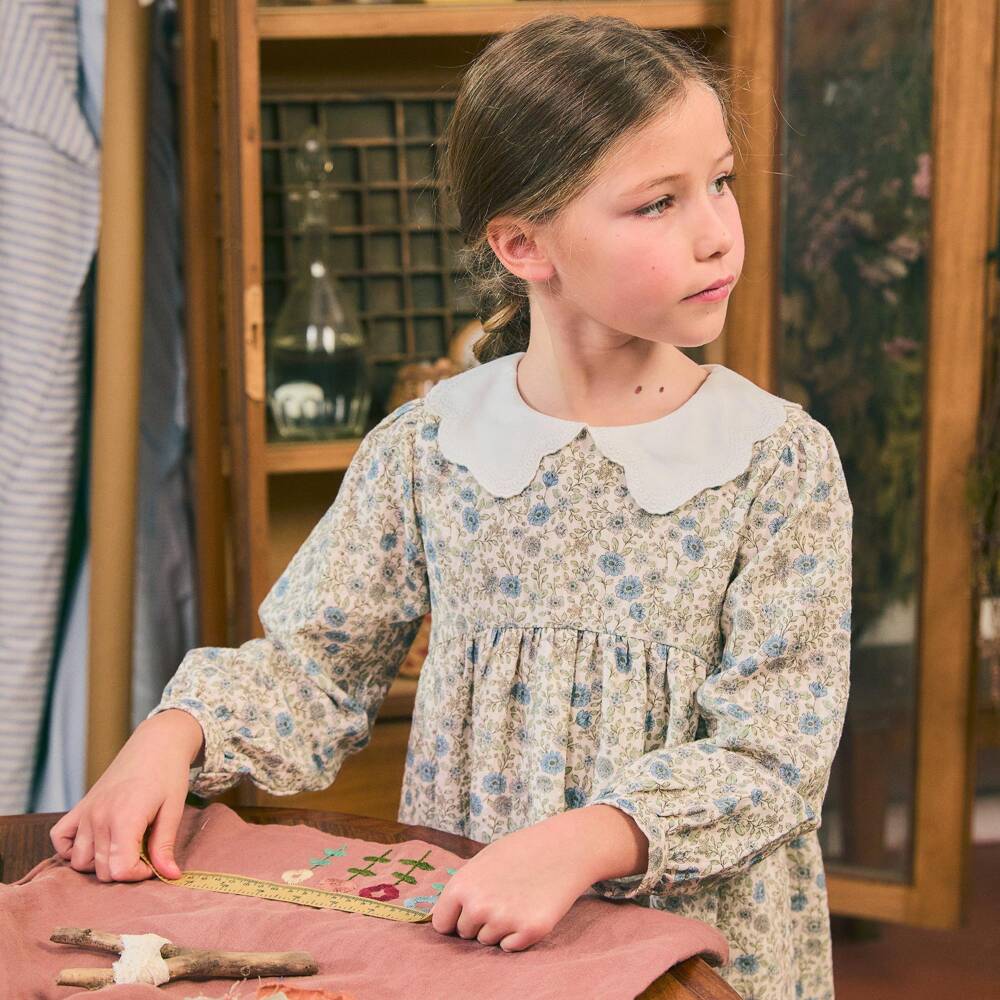 Laranjinha-Girls Green & Blue Floral Cotton Dress | Childrensalon