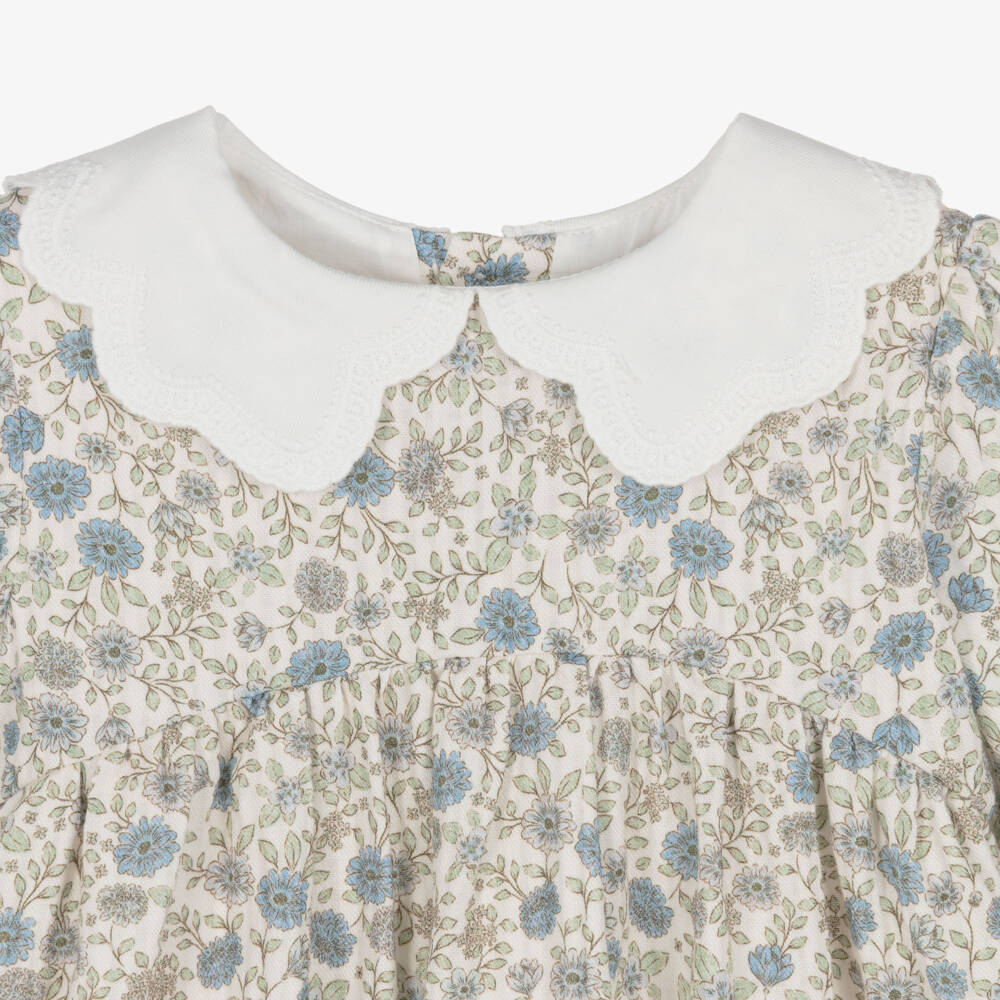Laranjinha-Girls Green & Blue Floral Cotton Dress | Childrensalon