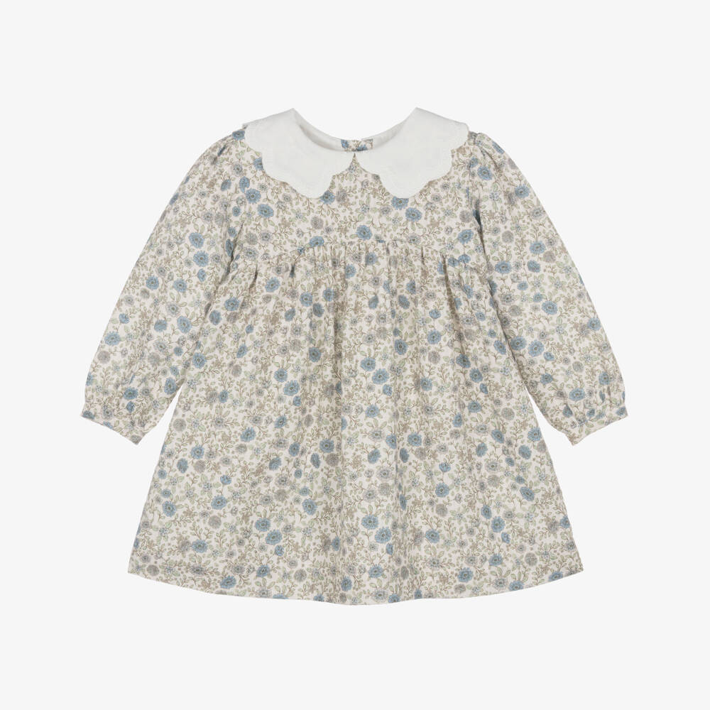 Laranjinha-Girls Green & Blue Floral Cotton Dress | Childrensalon