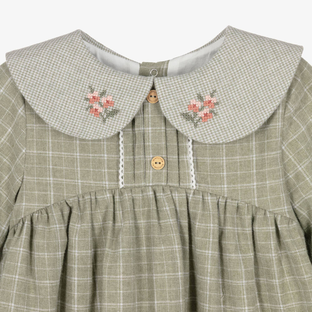 Laranjinha-Girls Green Cotton Dress with Floral Cross-Stitch Collar | Childrensalon