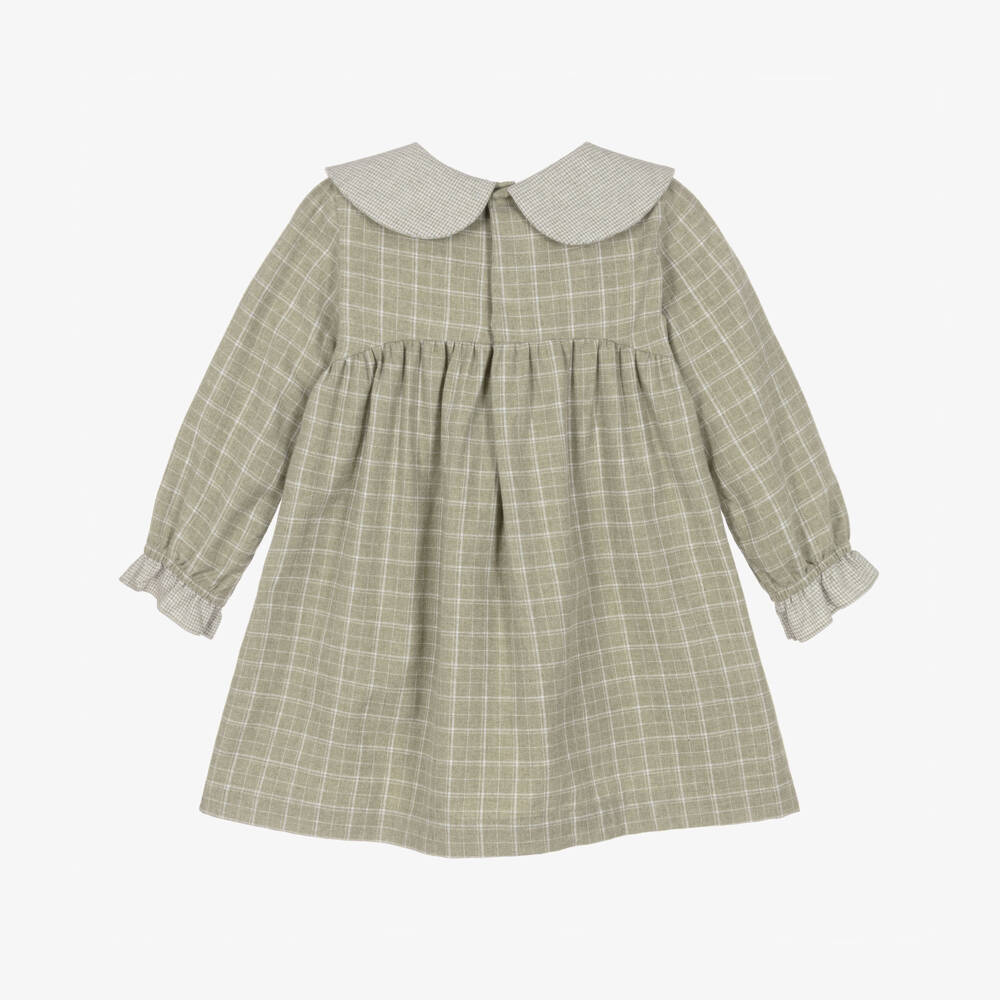Laranjinha-Girls Green Cotton Dress with Floral Cross-Stitch Collar | Childrensalon