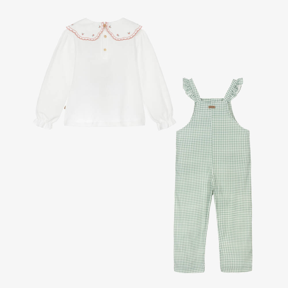 Laranjinha-Girls Green & White Gingham Corduroy Dungaree Set | Childrensalon