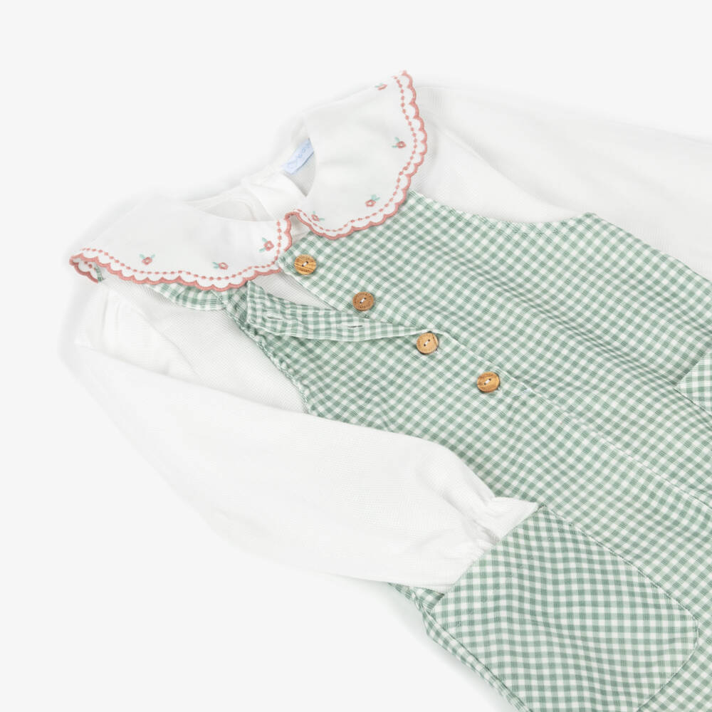 Laranjinha-Girls Green & White Gingham Corduroy Dungaree Set | Childrensalon