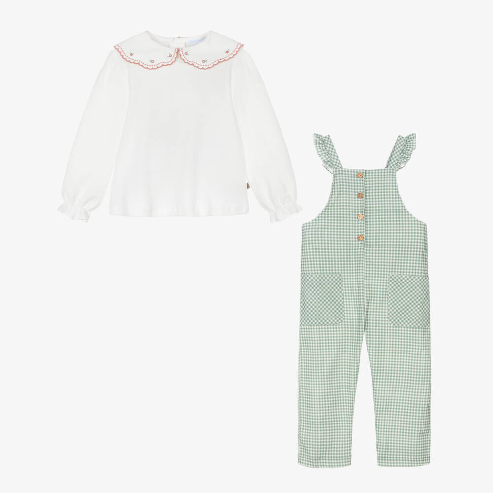Laranjinha-Girls Green & White Gingham Corduroy Dungaree Set | Childrensalon