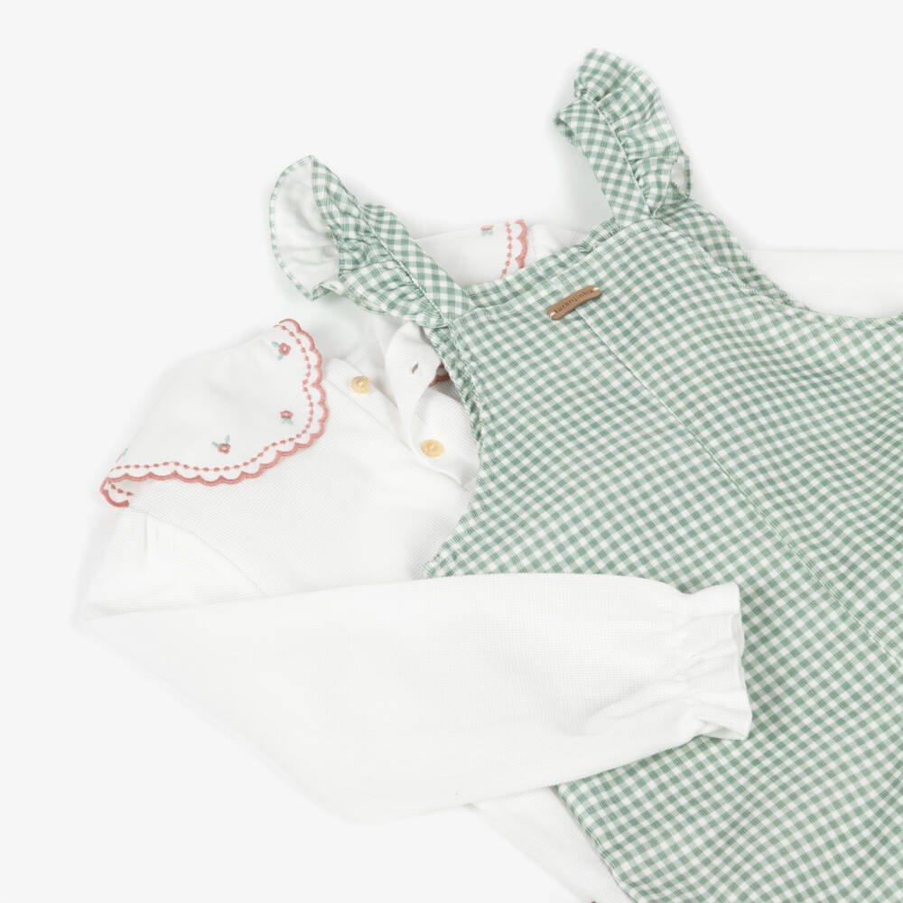 Laranjinha-Girls Green & White Gingham Corduroy Dungaree Set | Childrensalon