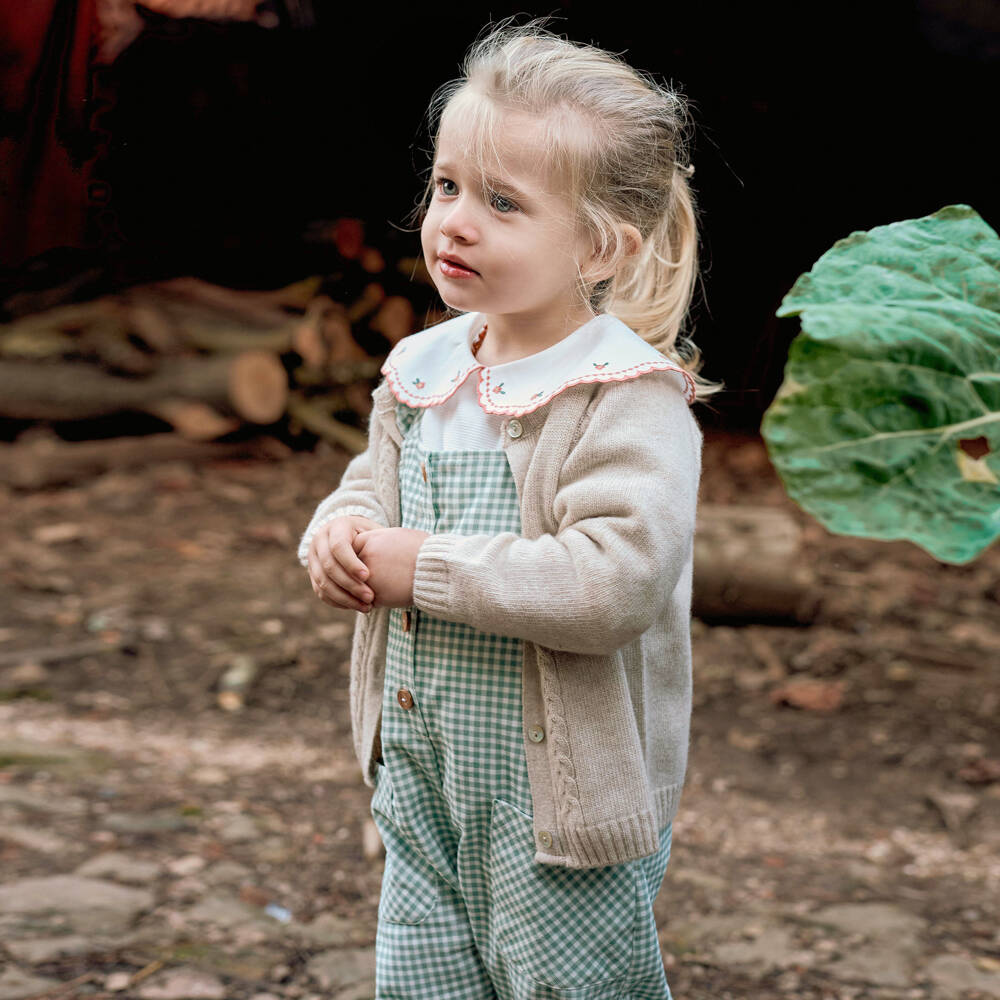 Laranjinha-Girls Green & White Gingham Corduroy Dungaree Set | Childrensalon