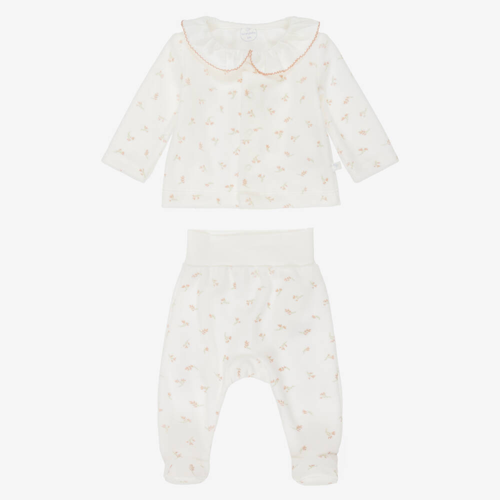 Laranjinha-Girls Ivory 2 Piece Babygrow in Floral Velour | Childrensalon