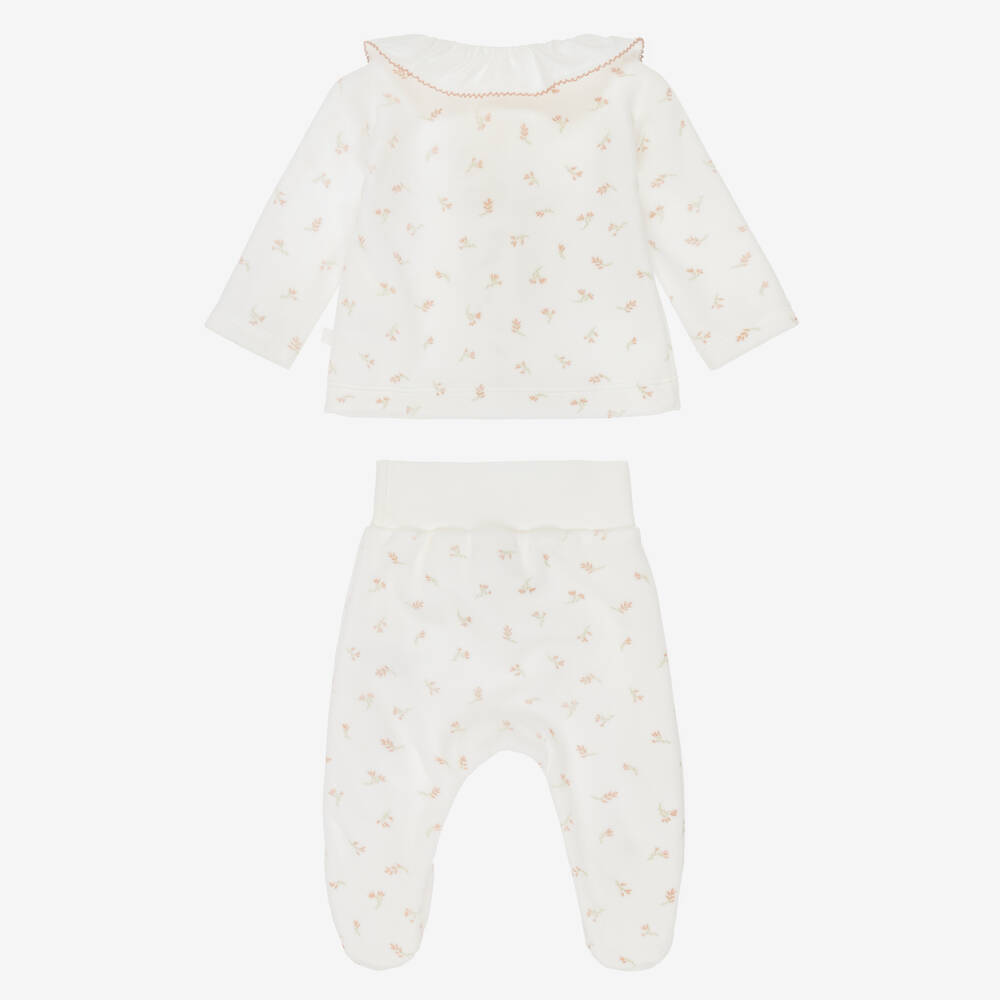 Laranjinha-Girls Ivory 2 Piece Babygrow in Floral Velour | Childrensalon