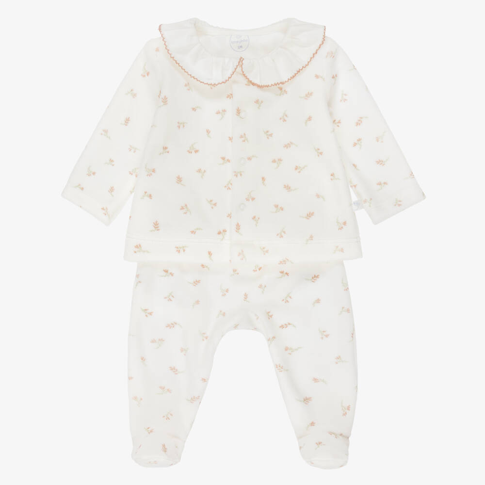 Laranjinha-Girls Ivory 2 Piece Babygrow in Floral Velour  | Childrensalon