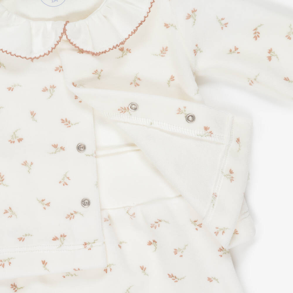 Laranjinha-Girls Ivory 2 Piece Babygrow in Floral Velour | Childrensalon
