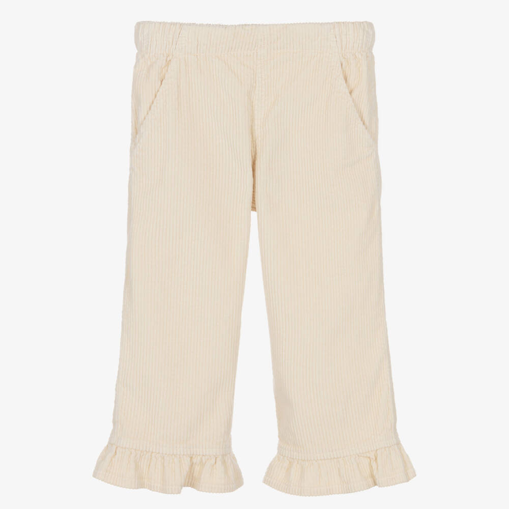 Laranjinha-Girls Ivory Corduroy Trousers with Ruffle Hem | Childrensalon