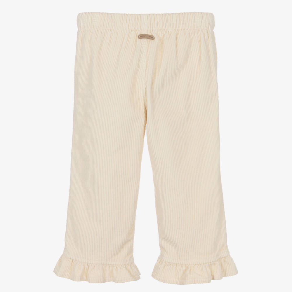 Laranjinha-Girls Ivory Corduroy Trousers with Ruffle Hem | Childrensalon