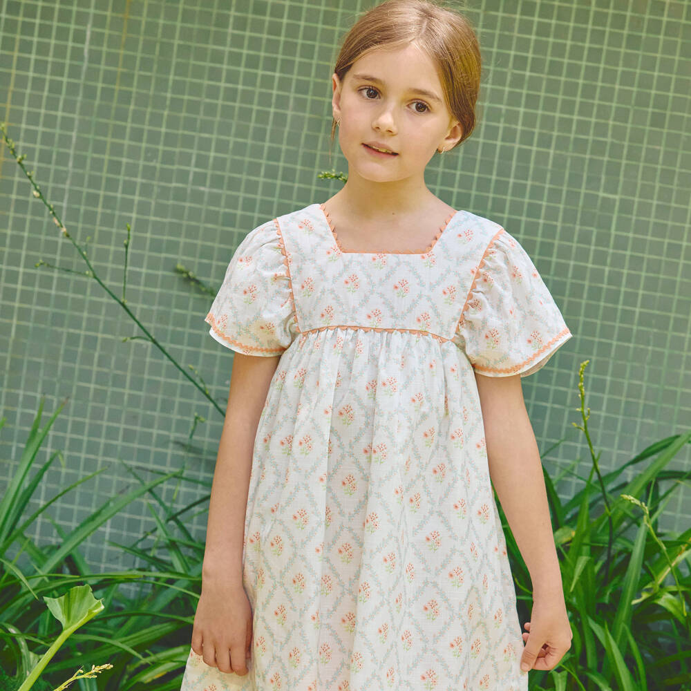 Laranjinha-Girls Ivory & Orange Floral Cotton Dress | Childrensalon