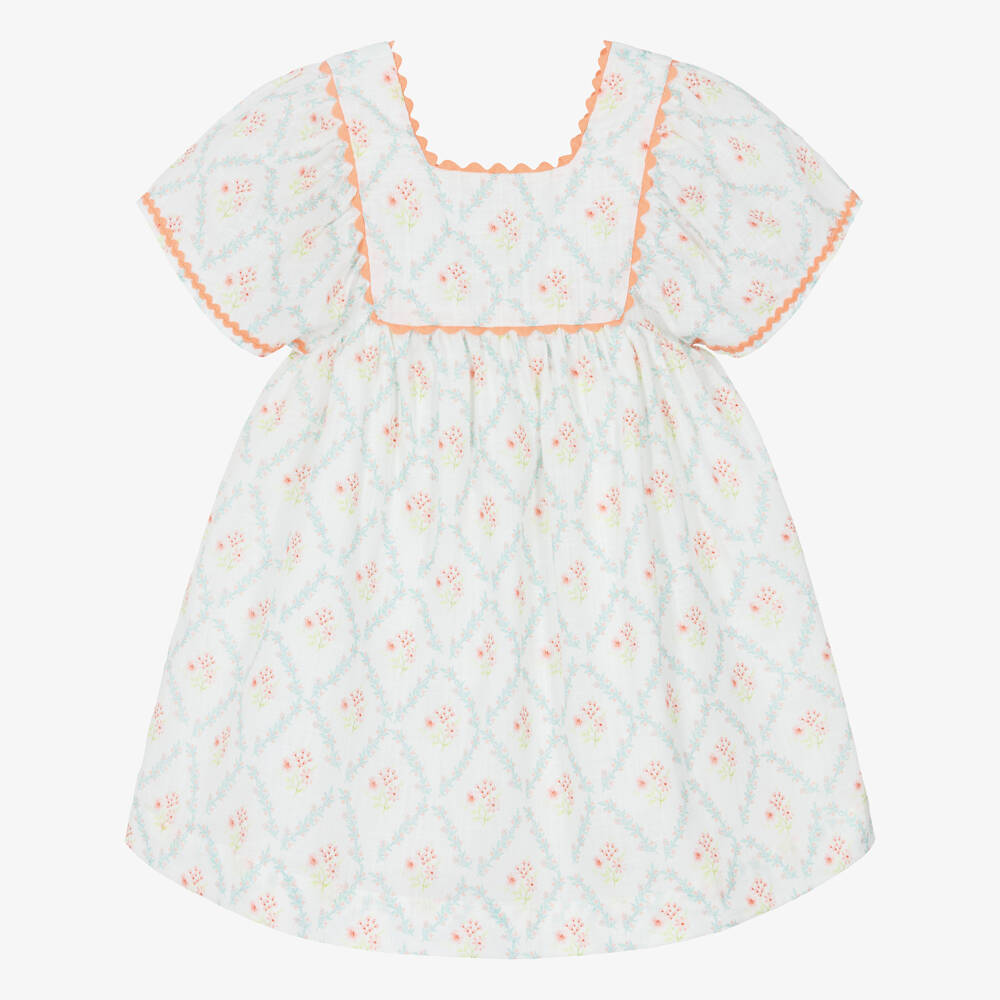 Laranjinha-Girls Ivory & Orange Floral Cotton Dress | Childrensalon
