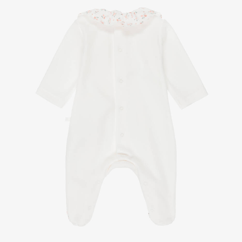 Laranjinha-Girls Ivory Velour Babygrow with Floral Print | Childrensalon