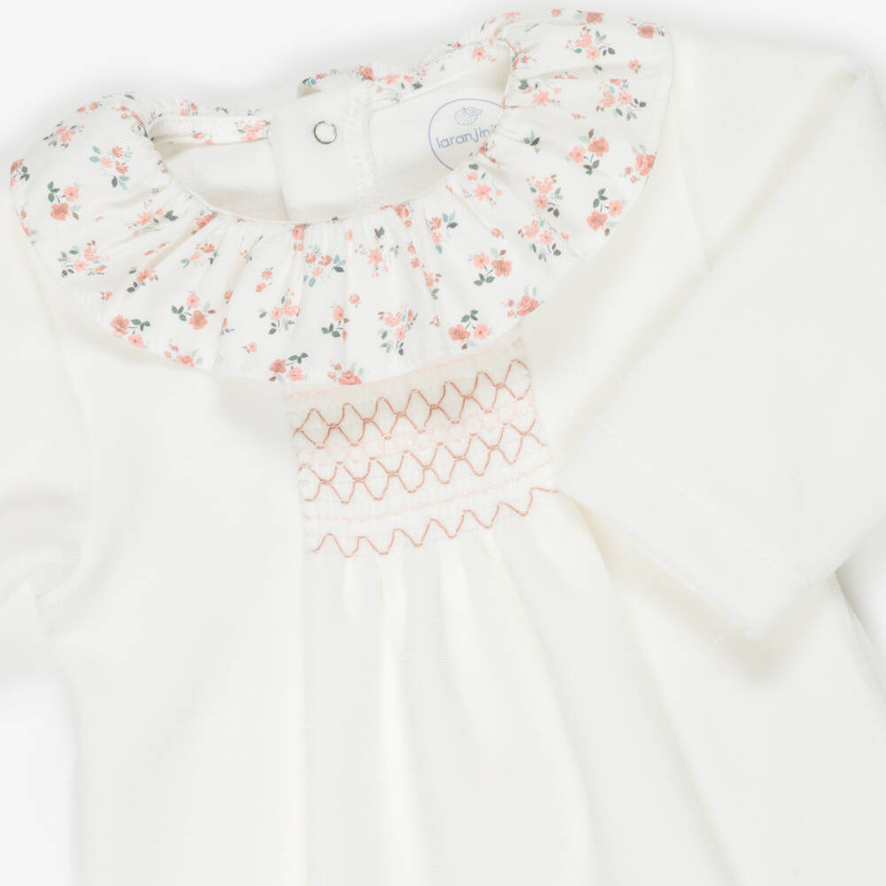 Laranjinha-Girls Ivory Velour Babygrow with Floral Print | Childrensalon