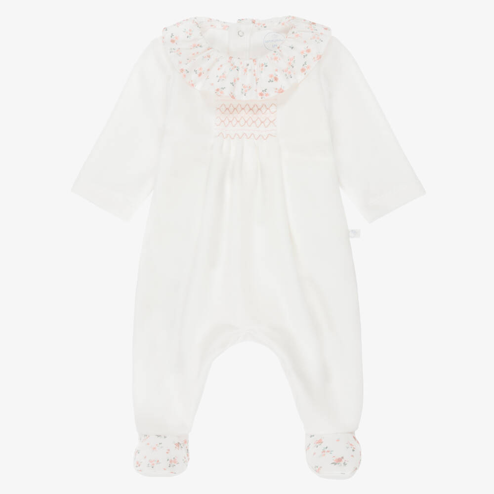 Laranjinha-Girls Ivory Velour Babygrow with Floral Print | Childrensalon