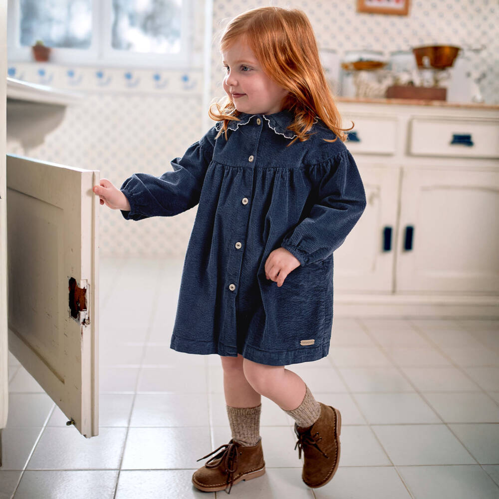 Laranjinha-Girls Navy Blue Corduroy Dress | Childrensalon