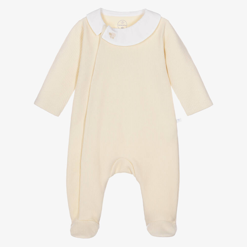 Laranjinha-Girls Pale Yellow Knitted Cotton Babygrow | Childrensalon