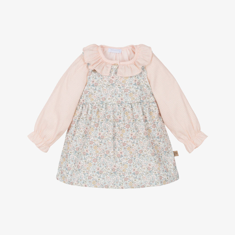 Laranjinha-Girls Pink & Blue Floral Dress Set with Gingham Blouse | Childrensalon