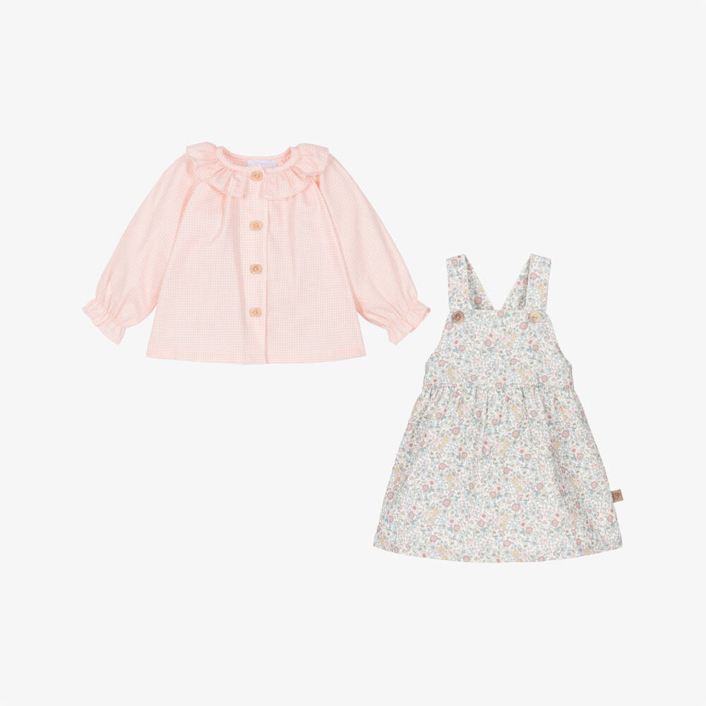Laranjinha-Girls Pink & Blue Floral Dress Set with Gingham Blouse | Childrensalon