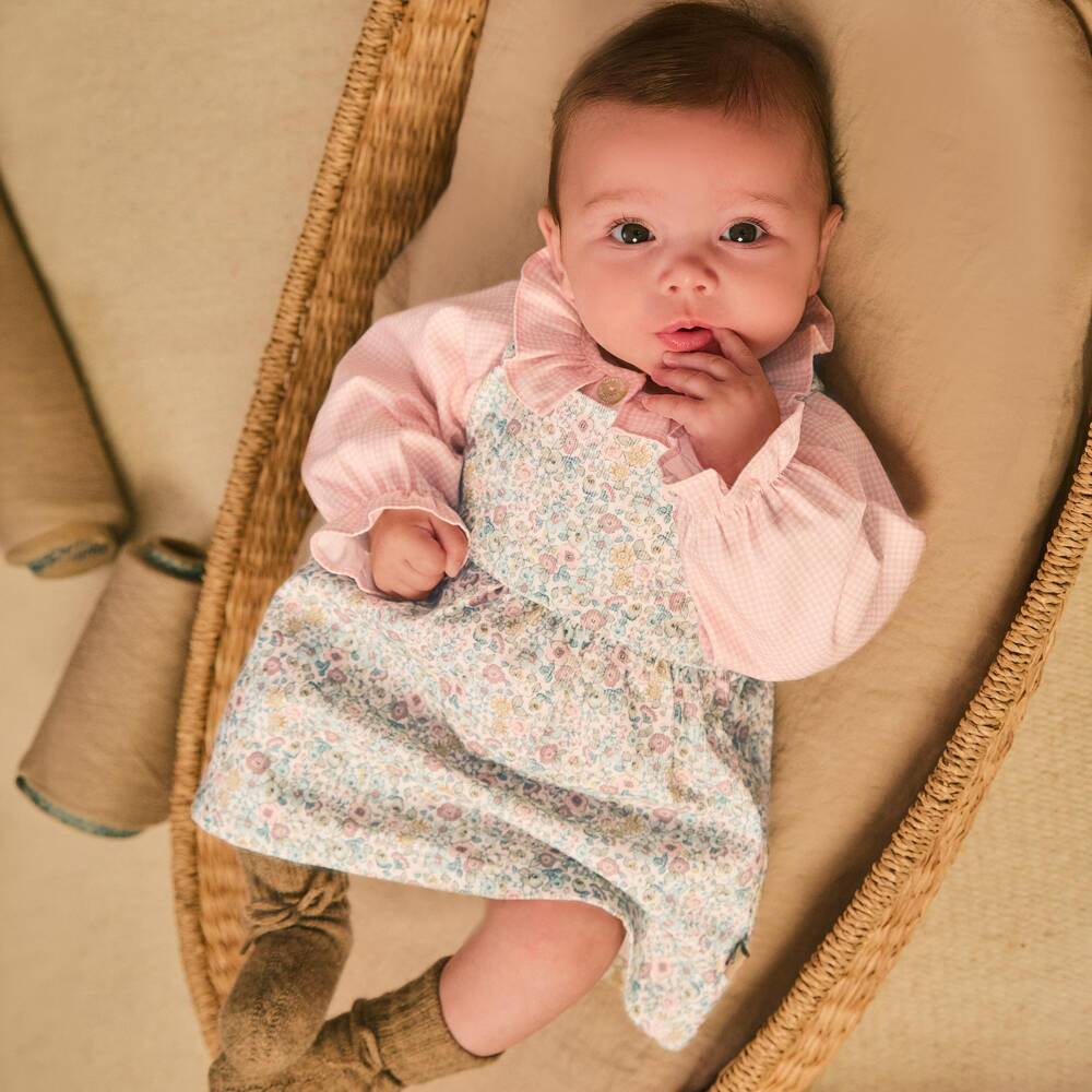 Laranjinha-Girls Pink & Blue Floral Dress Set with Gingham Blouse | Childrensalon