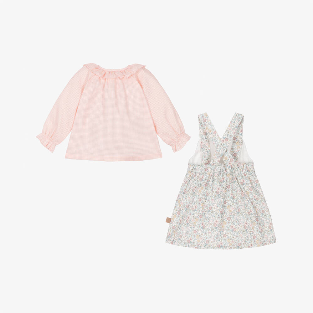 Laranjinha-Girls Pink & Blue Floral Dress Set with Gingham Blouse | Childrensalon
