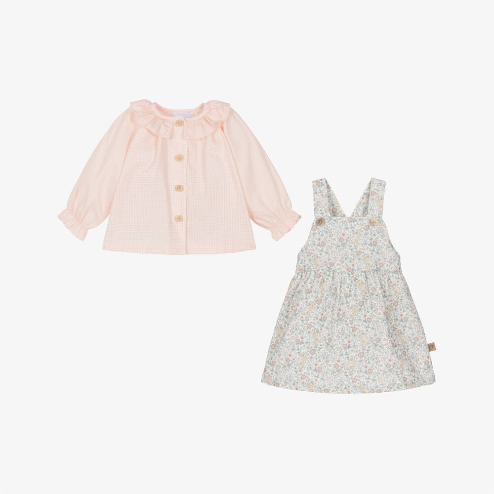 Laranjinha-Girls Pink & Blue Floral Dress Set with Gingham Blouse | Childrensalon
