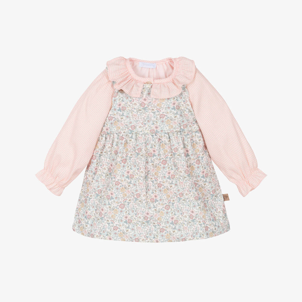 Laranjinha-Girls Pink & Blue Floral Dress Set with Gingham Blouse | Childrensalon