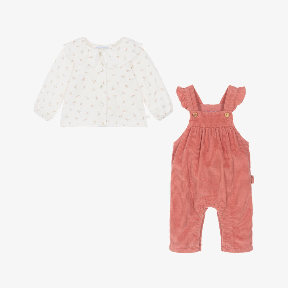 Laranjinha-Girls Pink Corduroy Dungaree Set with Floral Top | Childrensalon