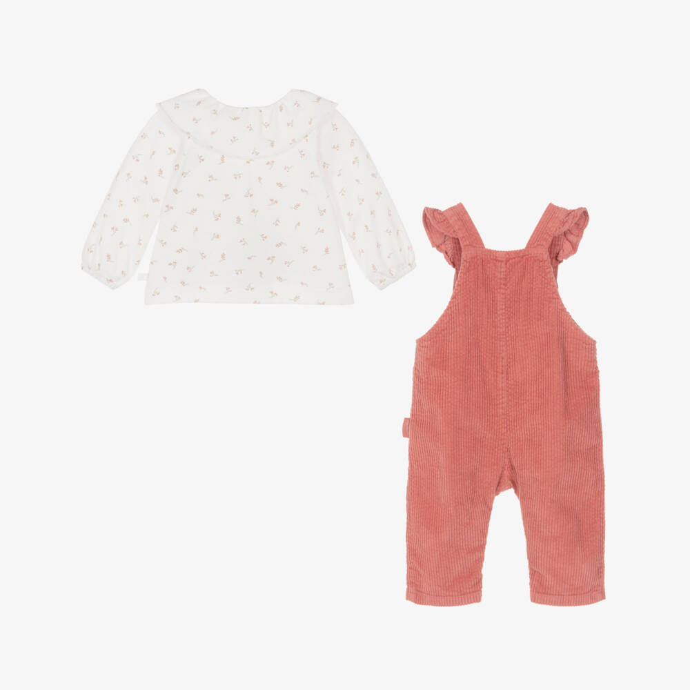 Laranjinha-Girls Pink Corduroy Dungaree Set with Floral Top | Childrensalon