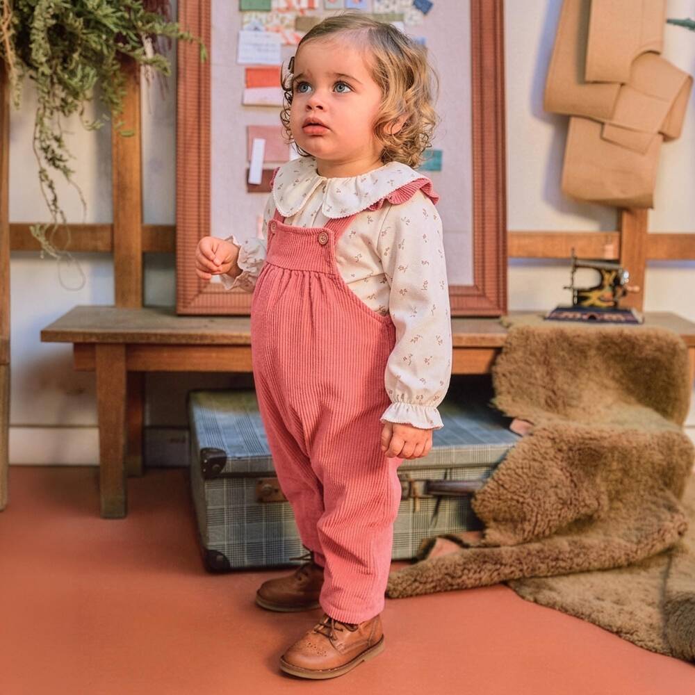 Laranjinha-Girls Pink Corduroy Dungaree Set with Floral Top | Childrensalon