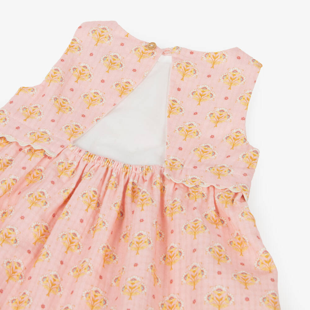 Laranjinha-Girls Pink Cotton Dress with Yellow Floral Print | Childrensalon