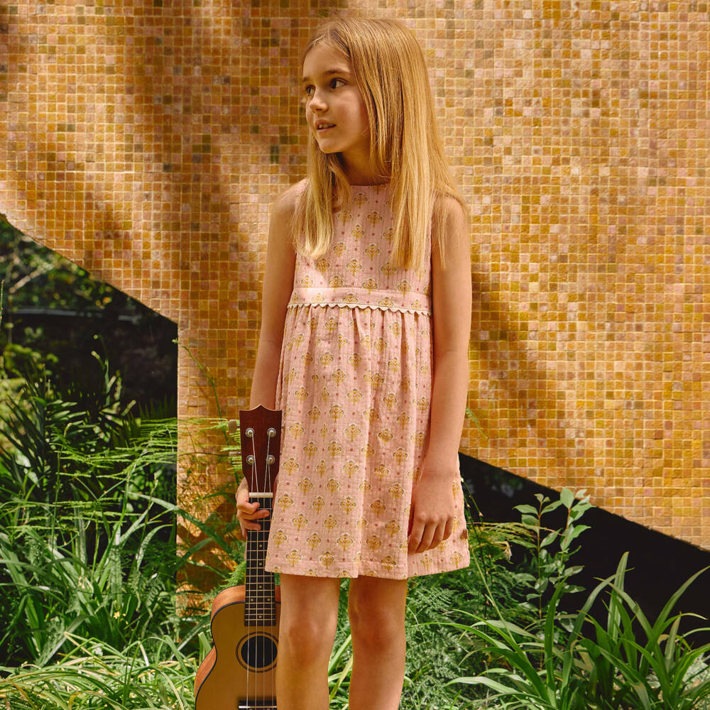 Laranjinha-Girls Pink Cotton Dress with Yellow Floral Print | Childrensalon