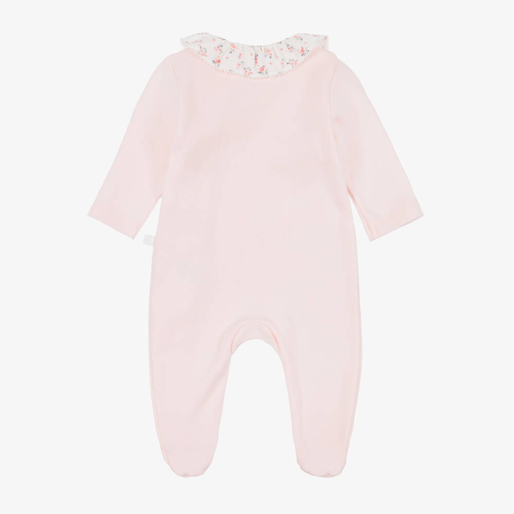 Laranjinha-Girls Pink Cotton Jersey Babygrow with Floral Collar | Childrensalon
