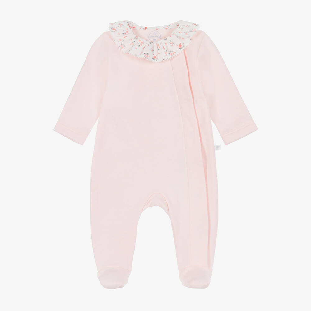 Laranjinha-Girls Pink Cotton Jersey Babygrow with Floral Collar | Childrensalon