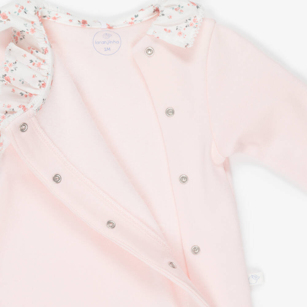 Laranjinha-Girls Pink Cotton Jersey Babygrow with Floral Collar | Childrensalon