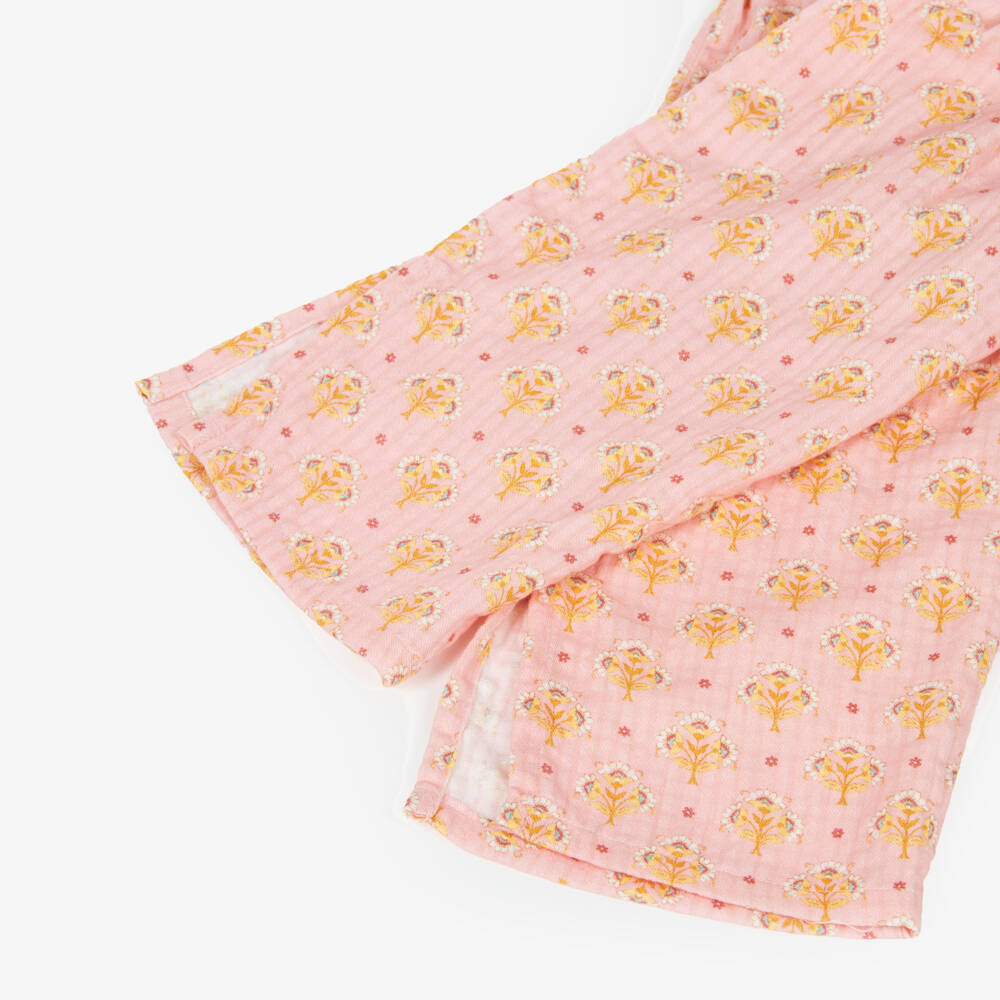 Laranjinha-Girls Pink Cotton Trousers with Yellow Floral Print | Childrensalon