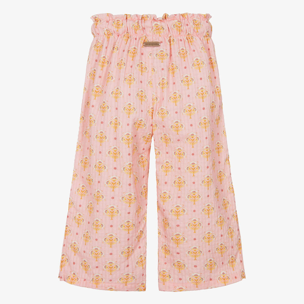 Laranjinha-Girls Pink Cotton Trousers with Yellow Floral Print | Childrensalon