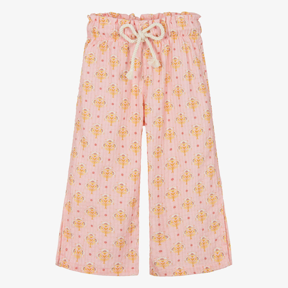 Laranjinha-Girls Pink Cotton Trousers with Yellow Floral Print | Childrensalon