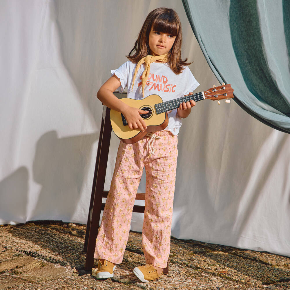 Laranjinha-Girls Pink Cotton Trousers with Yellow Floral Print | Childrensalon