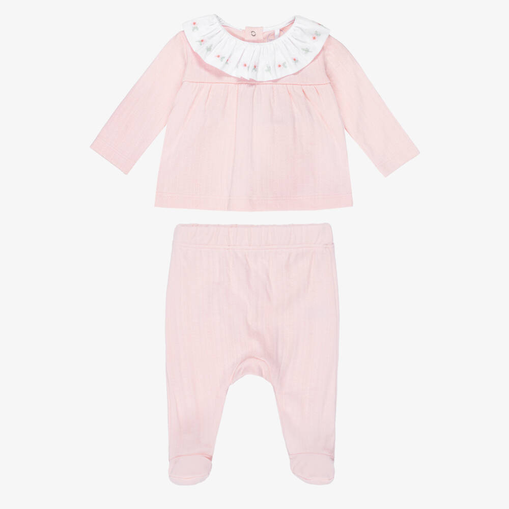 Laranjinha-Girls Pink Organic Cotton 2 Piece Collared Babygrow | Childrensalon