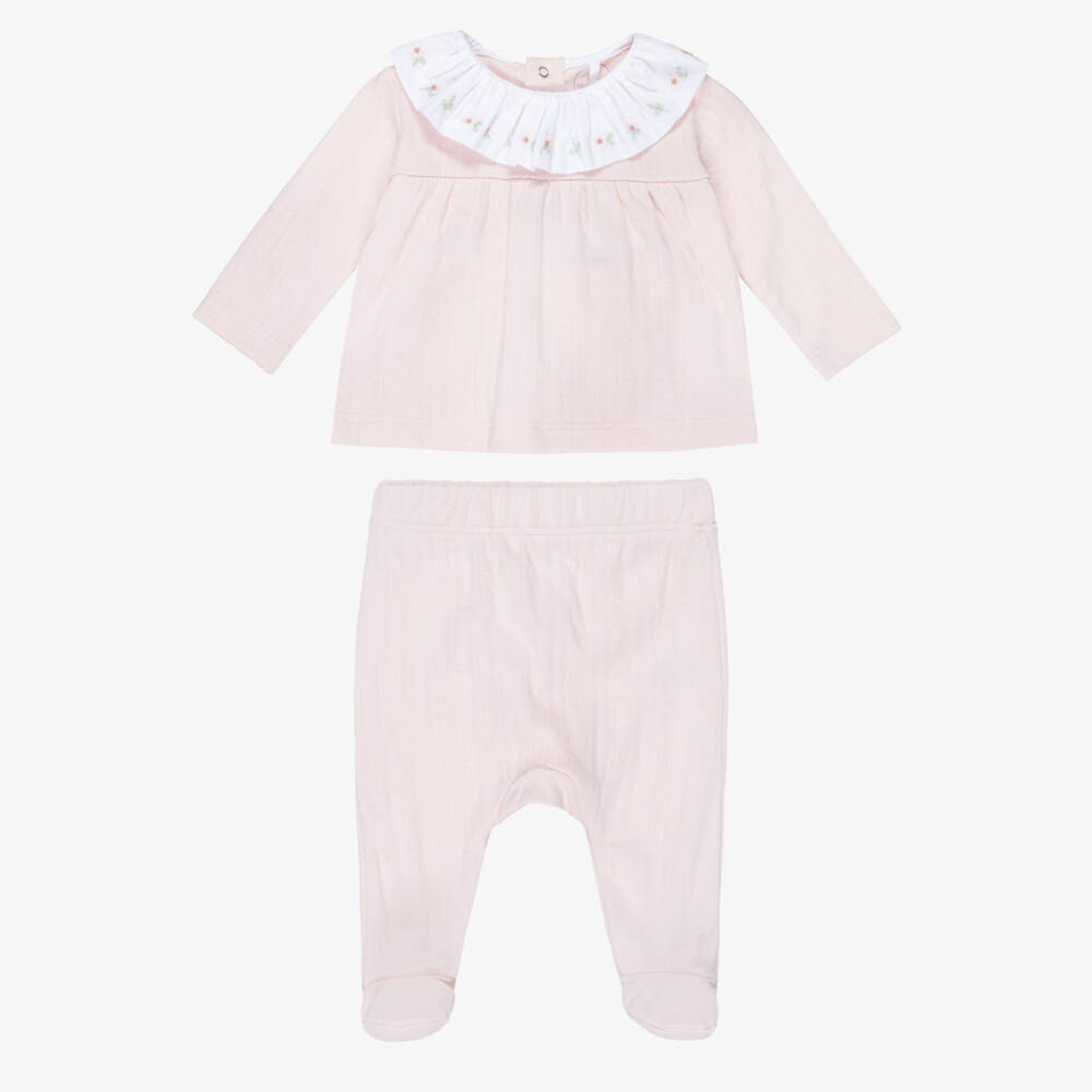 Laranjinha-Girls Pink Organic Cotton 2 Piece Collared Babygrow | Childrensalon